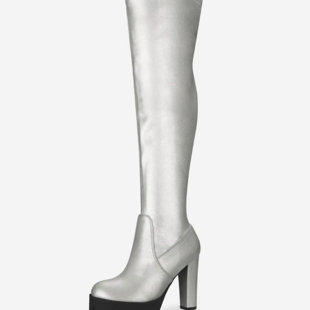 Allegra K Platform Chunky Heel Over Knee High Side Zipper Boots (Size 9) Disco - Picture 8 of 11